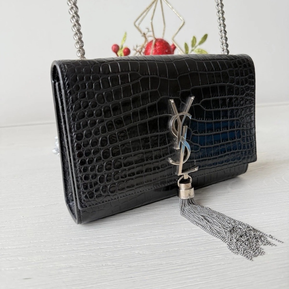 Yves Saint Laurent Black Croc-Embossed Chain Bag - Picture 3 of 8